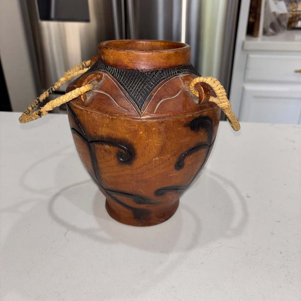 Vintage Hand-Carved Wooden Decorative Vessel with Woven Rattan Handles